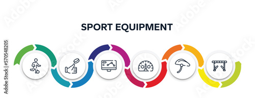 sport equipment outline icons with infographic template. thin line icons such as football players, coin toss, telemetry, kmh, bike helmet, hurdle vector.