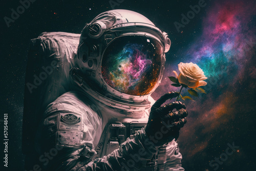 a man in a astronaut suit holding a single flower, generative AI photo