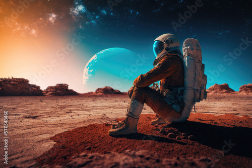 Astronaut sitting in the wilderness of Mars and looking at the sky, Generative AI © HiroSund