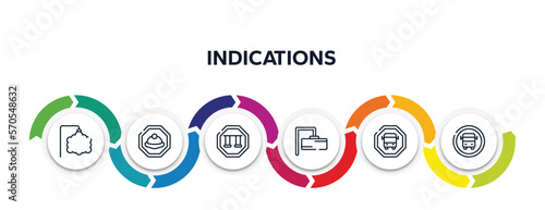 indications outline icons with infographic template. thin line icons such as ornamental, mine site, swings, rectangular, scholar bus stop, school bus stop vector.