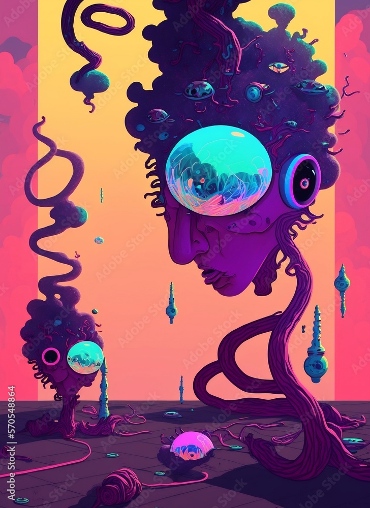 Psychedelic hallucinations. Vibrant illustration. Surreal images. Template for cards, stickers, baners, posters, web, social media, print. Psychedelic hallucinations. Vibrant illustration. Surreal images. Template for cards, stickers, baners, posters, web, social media, print.