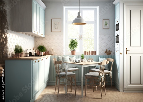 Cocina moderna de estilo escandinavo con decoración muy sencilla, cocina con colores claros y muy luminosa, creada con IA generativa