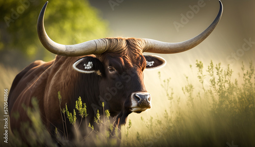 Sommerly lighting meadow with Texas Long horn bull standing alone in high grass, Texas field, Texas Cattle, livestock, farmlife, Cowboy life. AI Generated Art. photo