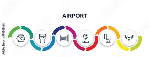 airport outline icons with infographic template. thin line icons such as bifurcation, one way, zebra crossing, no turn right, toilet side view, hawk vector.
