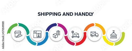 shipping and handly outline icons with infographic template. thin line icons such as light weight, fragile pack, delivery clipboard, box weight, mail send, use hook vector.