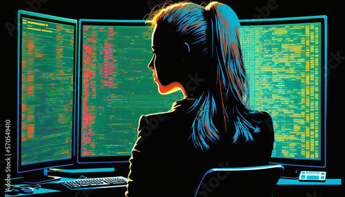 Stock Broker sitting in front of big screens looking at stock prices. AI Generated illustration