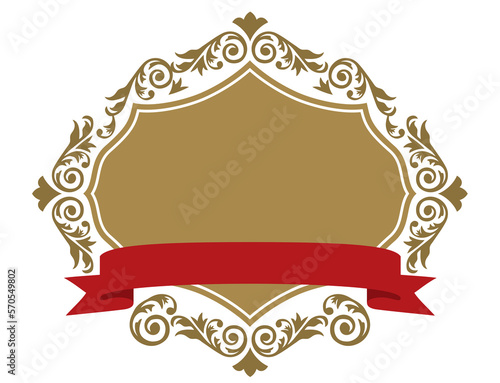 エンブレム風のオリエント柄、アラベスク柄、ダマスク柄の飾り罫ビンテージのフレーム　リボン付き