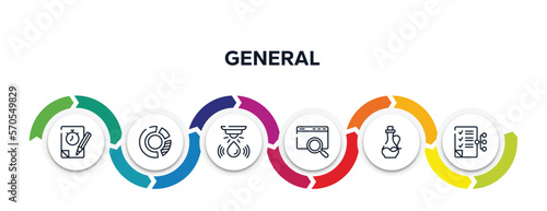 general outline icons with infographic template. thin line icons such as quiz, market share, water sensor, sem, massage oil, smart contract vector.