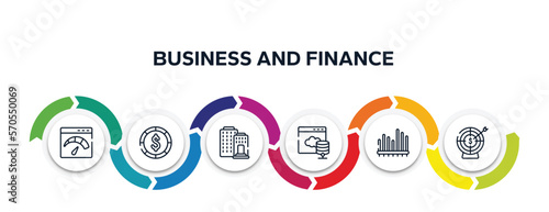 business and finance outline icons with infographic template. thin line icons such as velocity test, big dollar coin, federal bank, web server, seven bars chart, target with an arrow vector.