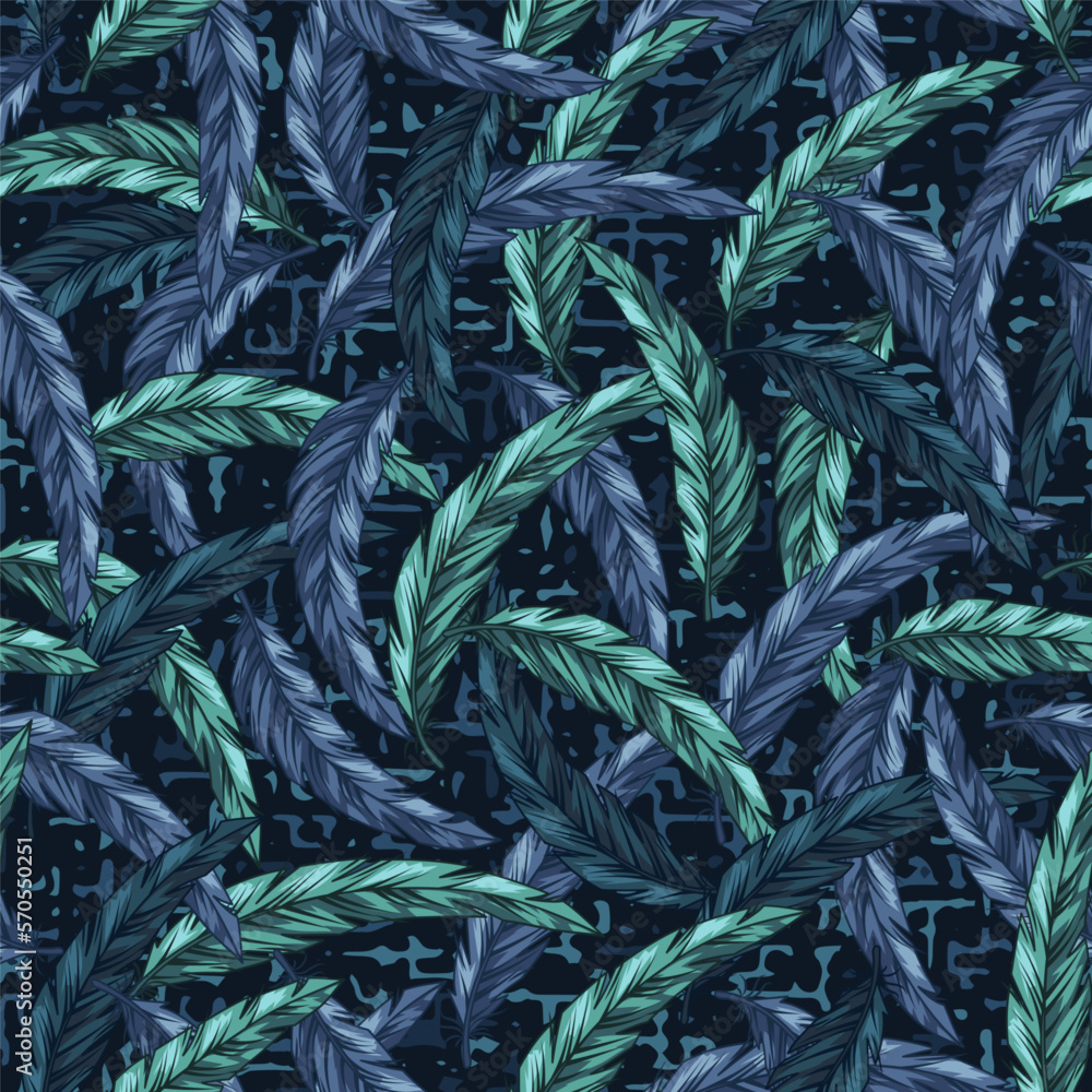 Fototapeta premium Seamless blue camouflage pattern with intertwined feathers. Textured with small abstract shapes background. Dense composition with overlapping elements. Good for t-shirt design, textile, sport goods.