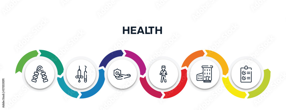 health outline icons with infographic template. thin line icons such as hand grip, dentist tools, travel insurance, male surgeon wearing uniform, hospital with three floors, checked list vector. health outline icons with infographic template. thin line icons such as hand grip, dentist tools, travel insurance, male surgeon wearing uniform, hospital with three floors, checked list vector.