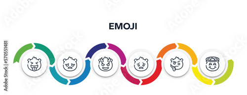 emoji outline icons with infographic template. thin line icons such as tongue emoji, sad emoji, smiling with horns pouting wondering smiling  with halo vector.