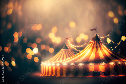 Festive lighting and tents, for a magical moment. Joy, bokeh and circus art: the perfect image for a poster or flyer. Generative AI