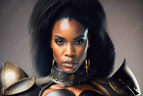 Belligerent-looking black young woman in fantasy armor with a stern, dominant gaze, made with generative AI photo