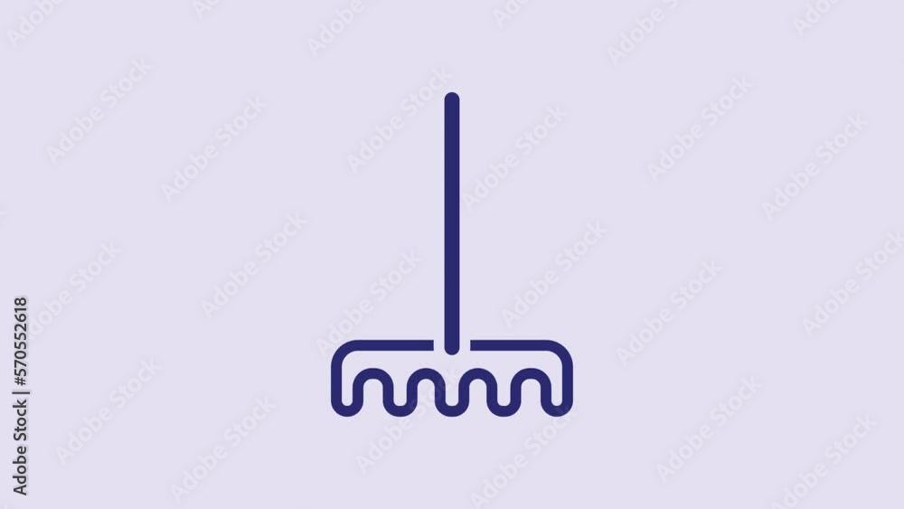Blue Garden rake icon isolated on purple background. Tool for horticulture, agriculture, farming. Ground cultivator. Housekeeping equipment. 4K Video motion graphic animation Blue Garden rake icon isolated on purple background. Tool for horticulture, agriculture, farming. Ground cultivator. Housekeeping equipment. 4K Video motion graphic animation