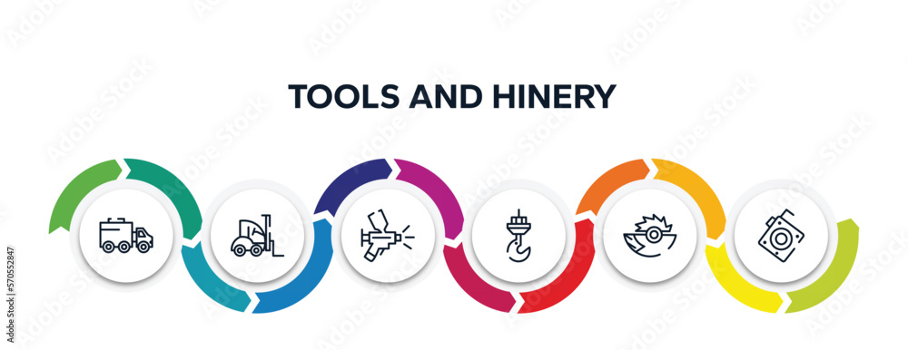 tools and hinery outline icons with infographic template. thin line icons such as truck with freight, null, paint airbrush, constructions, saw half cogwheel, roulette with button vector. tools and hinery outline icons with infographic template. thin line icons such as truck with freight, null, paint airbrush, constructions, saw half cogwheel, roulette with button vector.