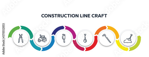 construction line craft outline icons with infographic template. thin line icons such as open pliers, farm tractor, cleaver, long shovel, crowbar, sand vector.