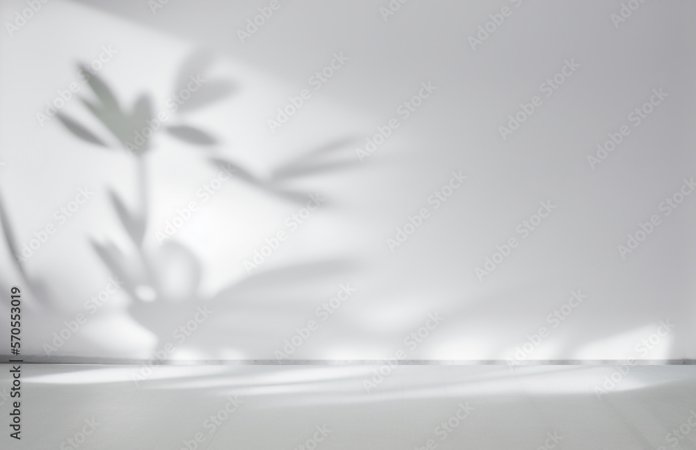Blurred shadow from leaves plants on the white wall. Minimal abstract background for product presentation. Spring and summer. - obrazy, fototapety, plakaty 