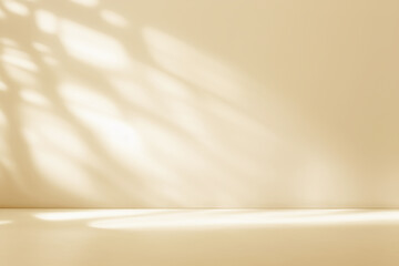 Minimalistic abstract gentle light beige background for product presentation with light andand intricate shadow from the window and vegetation on wall.