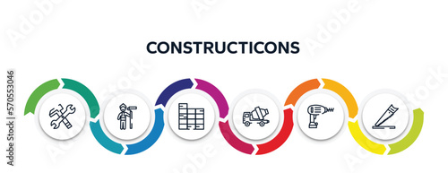 constructicons outline icons with infographic template. thin line icons such as work tools cross, man painting, constructing a brick wall, cement truck, drill, wood saw vector.