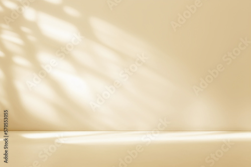 Leinwand Poster Minimalistic abstract gentle light beige background for product presentation with light andand intricate shadow from the window and vegetation on wall
