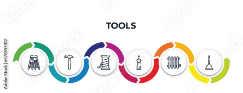 tools outline icons with infographic template. thin line icons such as stepladder, hammering, copper wire, norigae, radiator, plunger vector.
