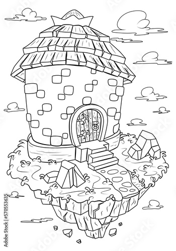 Coloring book for children. Fairytale tower on a flying island. The task for children can be used in a book or magazine.