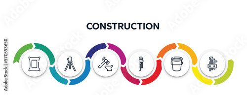 construction outline icons with infographic template. thin line icons such as cement, geodetic, blacksmith, hand tool, water bucket, allen keys vector.
