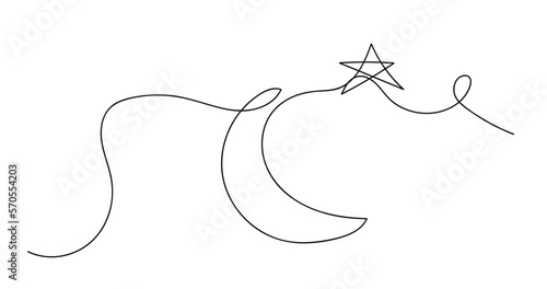 One continuous single line of Crescent moon with stars for ramadhan isolated on white background.