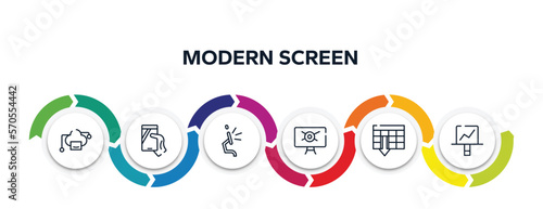 modern screen outline icons with infographic template. thin line icons such as cloud computing servers, phone in a hand, screen flat side view, computer virus, spreadsheet ascending order, screen