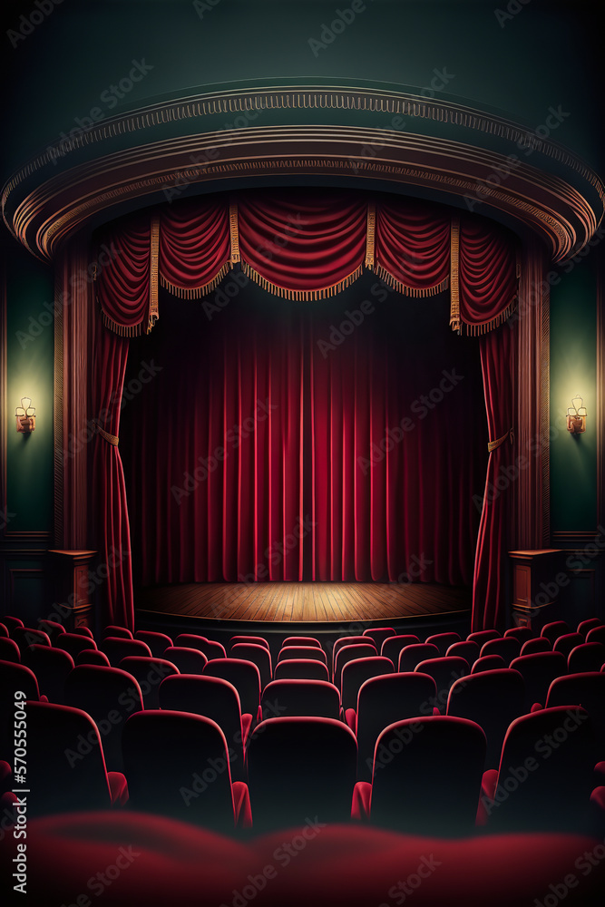 Red curtain and stage for an atmosphere full of history. Ideal for depicting the magic of the theater and its emotions. Generative AI