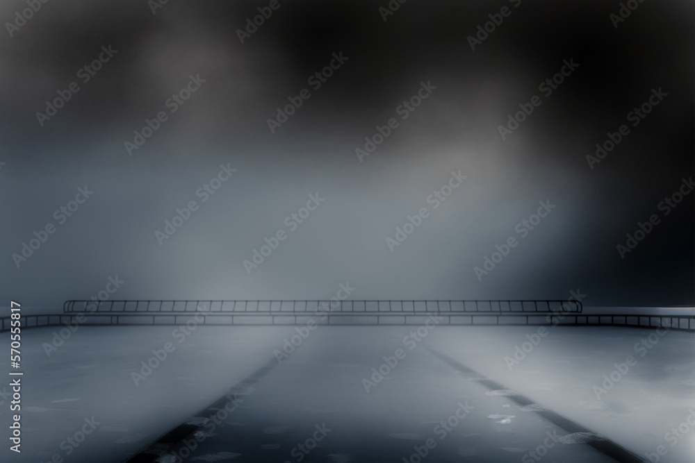 Naklejka premium Hockey stadium ice rink sport arena empty field, fog and footprints on the ice with bleachers