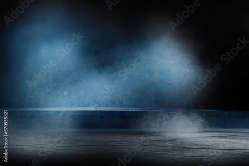 Hockey stadium ice rink sport arena empty field, fog and dust on the ice