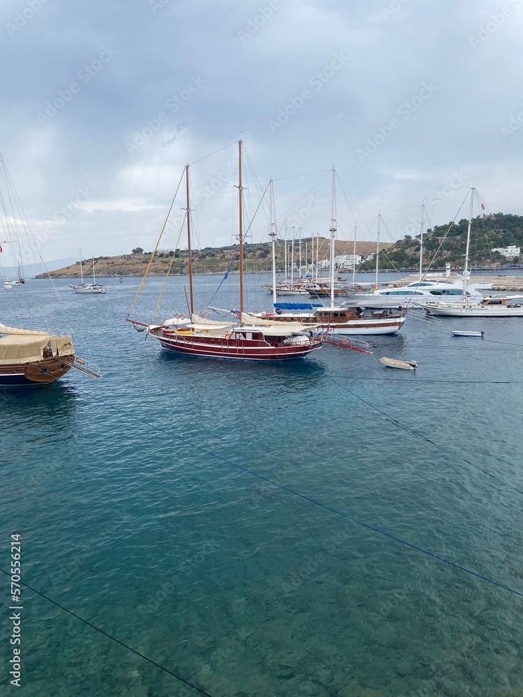 Turkey Bodrum region, a beautiful sea view accompanied by hills, boats and yachts, 2022, selective focus