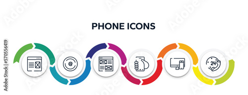 phone icons outline icons with infographic template. thin line icons such as landing page, arroba, wireframe, hand graving smartphone, responsive de, telephone line 24 hours service vector.