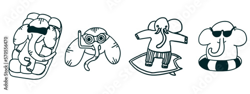 Elephants on inflatable mattress and circle. Surfing. Vector illustrations in outline cartoon flat style isolated on white background.