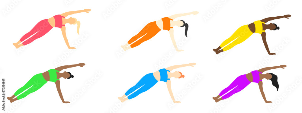 Yoga poses collection. European, African, Asian. Female woman girl. Vector illustration in cartoon flat style isolated on white background. LGBT colors.