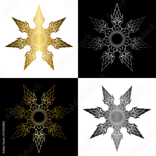 Mandala pattern set in applied Thai art style. Gold and silver gradient seven pointed star line art. Dark black and white background. Vector illustration.