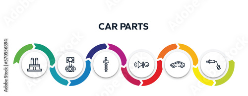 car parts outline icons with infographic template. thin line icons such as car distributor cap, car connecting rod, coil, horn, hard top, wheel brace vector.