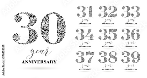 A set of logo designs from 30 to 39 years old. Number consists of a leaf pattern, no gradient fill. Anniversary logo design for holiday event, invitation, greeting, party, fashion, entertainment photo