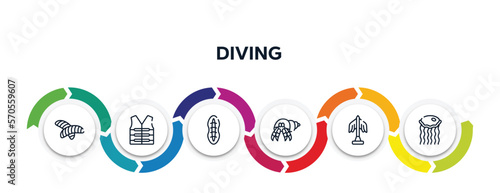 diving outline icons with infographic template. thin line icons such as null, lifejacket, plankton, hermit crab, statue, medusa vector.
