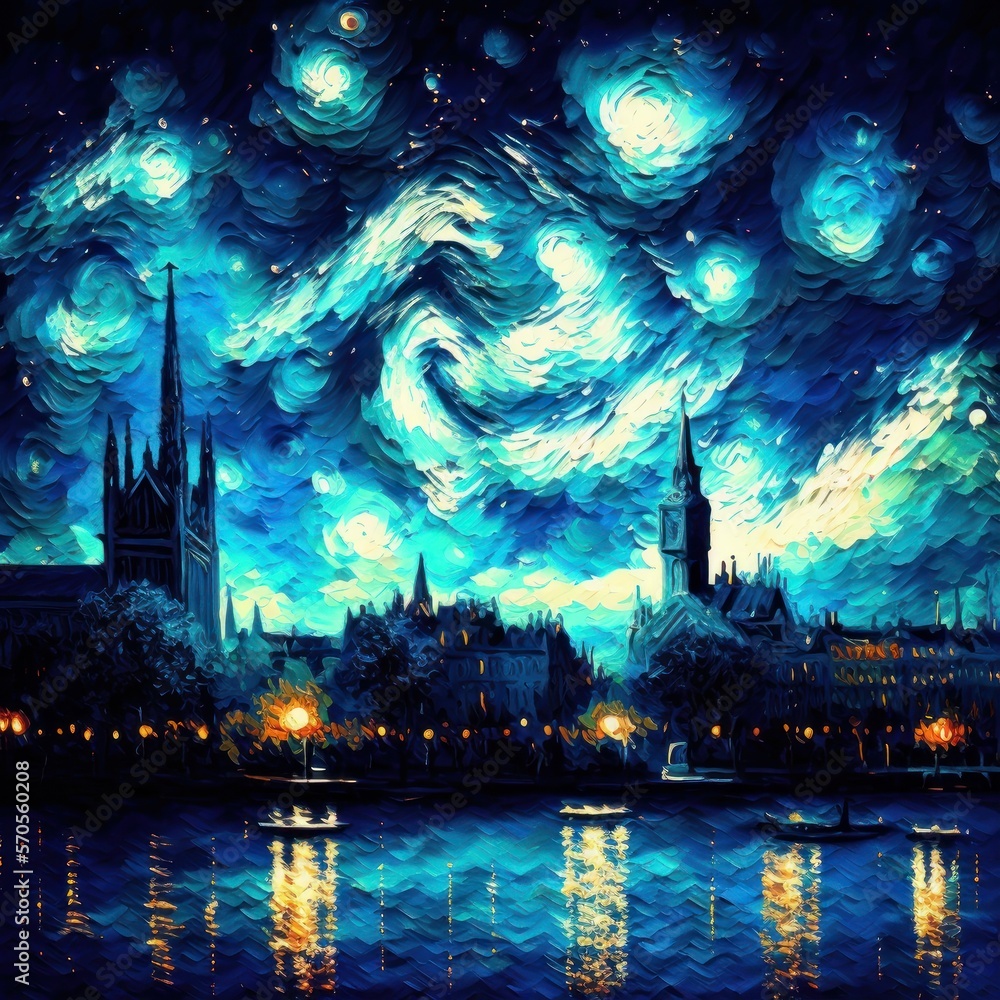 Fototapeta premium City at night. River, buildings, starry sky. Post-impressionism style picture. Generative AI