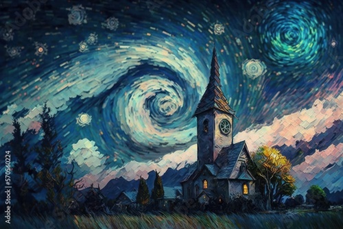 Chapel against sky with stars and Milky Way. Post-impressionism style picture. Generative AI
