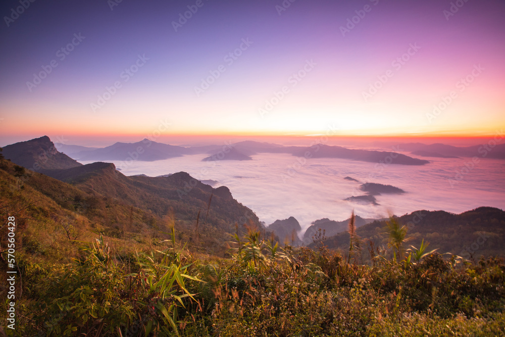 Landscape sea of mist on Mekong river in border  of  Thailand and Laos. Phu Chee Duean, Chiang Rai Province, Thailand.