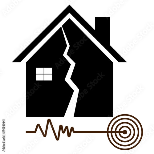 Earthquake icon. Broken house after earthquake. crushed building flat. natural disaster icon and Cataclysm infographics. Richter earthquake magnitude scales, cracked home Collapsed destroyed building.