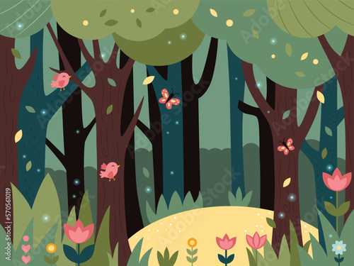 Cartoon forest background with flowers, birds and butterfly. Nature landscape. Flat style. Vector illustration for children's fairy tale book.