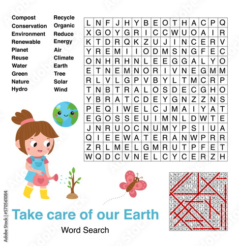 Word search game. Earth day theme. Educational puzzle for kids. Learn English. Zero waste. Activity page for children. Vector illustration.