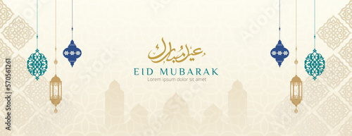 Mosque with Islamic ornaments template. Design concept of ramadan kareem, iftar, isra miraj, eid al fitri, eid al adha, muharram, copy space text, illustration.