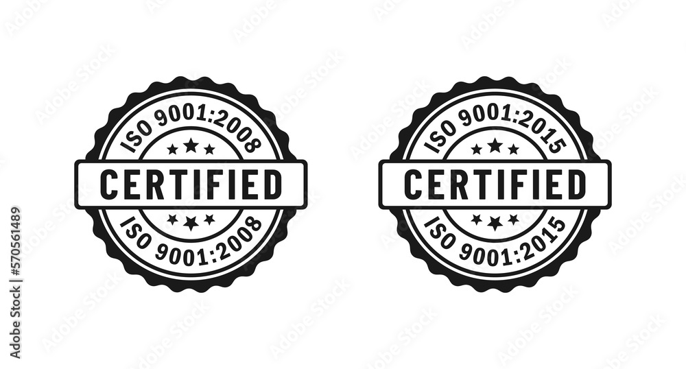 ISO 9001:2015 label or ISO 9001:2008 stamp vector on white background. ISO 9001:2015 Seal vector. The International Organization for Standardization. Best certified ISO 9001:2008. - obrazy, fototapety, plakaty 