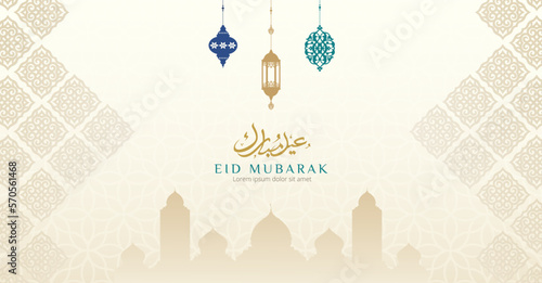 Mosque with Islamic ornaments template. Design concept of ramadan kareem, iftar, isra miraj, eid al fitri, eid al adha, muharram, copy space text, illustration.